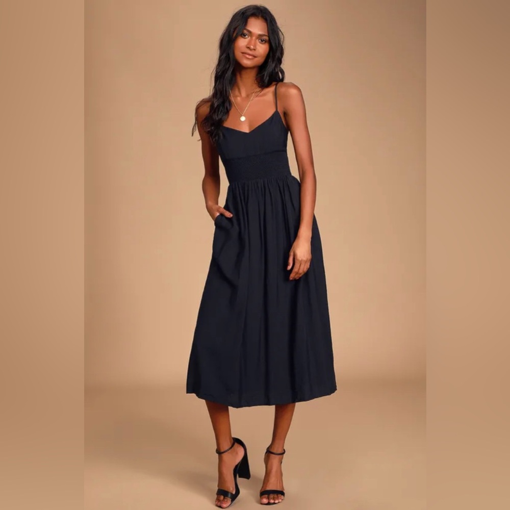 Lulu's Black Midi Sundress with Smocked Waist